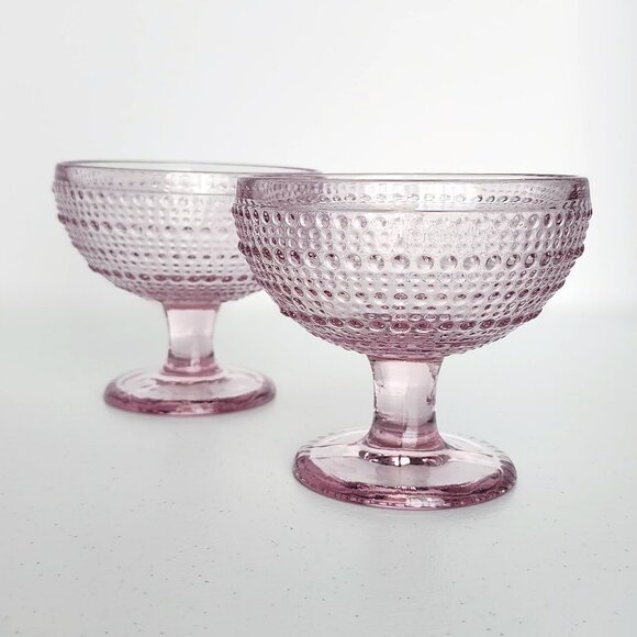 Set of 2 Textured Pink Dessert Ice Cream Glasses Bubble Pearl Stem Glassware - Picture 2 of 4